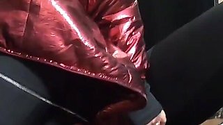 The Nympho Wife Plays with Her Camel-toe Jumpsuit and Put Some Cum on Her Shinny Red Down-jacket 230