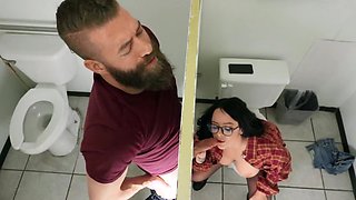 Whore sucks cock through a glory-hole and fucks in the toilet