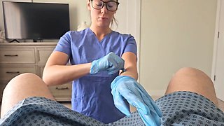 Gloved nurse gives prostate exam and keeps going with a handjob until he releases