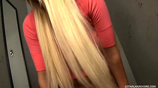Handjob and blowjob for monster cock in gloryhole episode - blonde