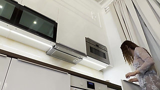 Hot Petite Brunette MILF Babysitter Gets Fully Naked in the Kitchen and Wears Sheer Shirt Pantyhose