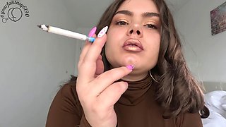 Smoking and Vaping with Gold Shiny Lipstick Close-up