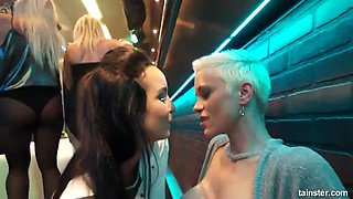 Sinfully rich babes of porn licking their pussies in public