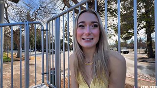 Small boobed girl gets pucked in doggystyle in public place