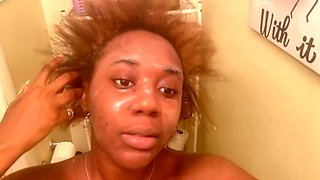 Black ebony lady pleasures herself the morning after