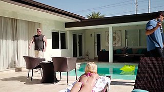 Blonde teen bangs pool guy in backyard