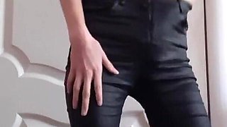 Skinny Girl Masturbates in Leather Pants
