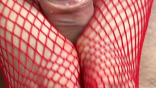Slow Cock Massage with Footjob in Red Stockings
