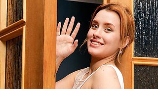 Sexy redhead girlfriend Angel Jolie stimulates her wet shaved pussy