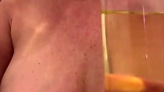 Filled up Two Glasses by My Strong Stream Pee and Next Put in My Mouth and Spitting on My Big Tits