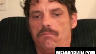 Perverted mature stud plays with large trouser snake till spunk