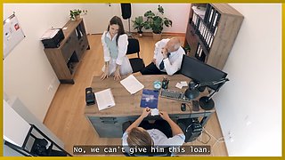 Mina K trades sex for a loan in the office with her tattooed babe friend