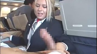 Handjob in airplane with sexy stewerdess