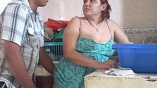 Maid Fucked in the Kitchen, Almost Discovered by the Boss