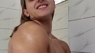 Skinny small titted blonde in shower
