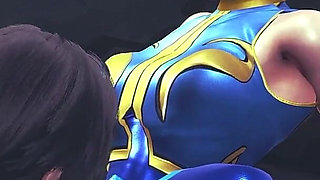Chun Li Street Fighter 6 - Sexy Cosplay Anime Girl in Blue Latex Costume Gets Her Pussy Licked Through Tight Pants with Orgasm