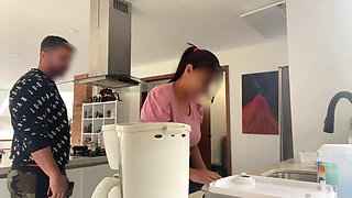 Plump housekeeper milf with massive droopy breasts allows her employer to fondle her nipples