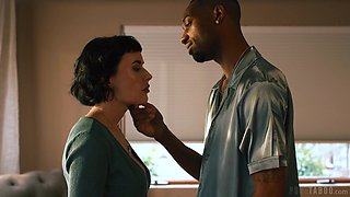 Dashing brunette spit-roasted by a pair of oversized black shafts