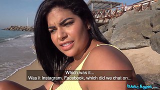 Beach stunner fucked on a public beach and then in personal swimming pool - public agent