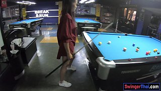 Curvy bottom Thai GF plays pool and blowjobs
