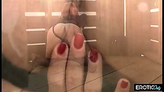 Hot German babe fingers her tight pussy in public - solo masturbation