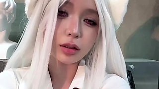 Cosplay cutie posing and playing with herself on webcam