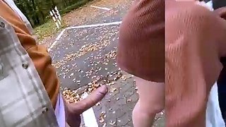 Horny slut suck cock and takes hard doggy pounding in public