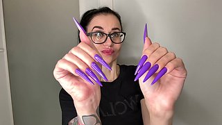 Finger Snapping and Sucking Fingers with Long Purple Nails, Glasses and Face