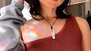 Small titted brunette teen fingering on the bed