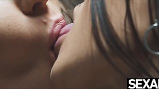 Pussy eating and hot fingering in erotic lesbian fuck of slutty Asian and beautiful brunette