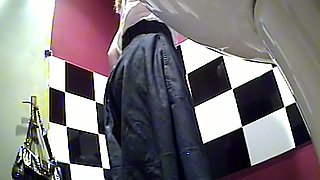 Sweet and sexy blonde woman in the public toilet room got her ass filmed