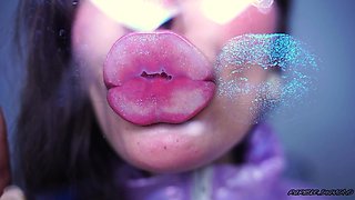 Glamour Girl Kiss with Big Shiny Juicy Lips + Spit Fetish