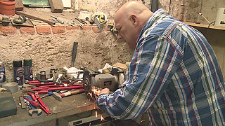 Blonde Babe Sucks Cock and Spreads Pussy in Workshop