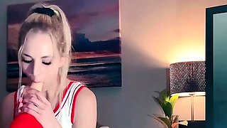 Blonde teen slut fucks pussy with toy