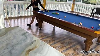 Sayafit and Anissa Miller play with pool balls and the cue between their big buttocks - Brian Evansx
