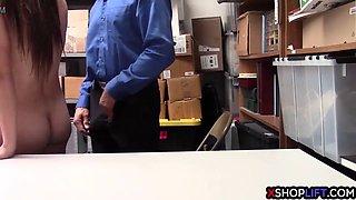 Brunette teen thief busted and fucked by a security guy