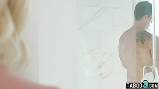 Curious big boobed blonde spying on BF