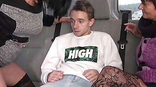 Shocked skinny guy fucked by 2 crazy ladies in the MatureVan