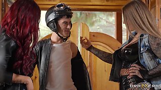 Horny sluts Mia Blow and Ria Red shagged by young biker