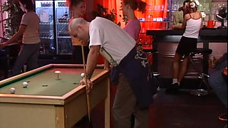 The Bravest of the Three Girlfriends in the Billiard Salon Gets a Blowjob From the Boss DJ