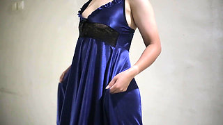 Sexy Babe Wearing Blue Satin Lingerie