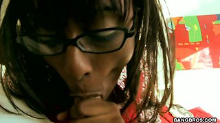 Talkative black chick Passion gives a solid blowjob for cum