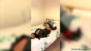 Latina in Leather Boots and Full Leather Outfit Tied Tight and Wrap Gagged