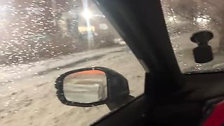 Ishu sucks his warm cock in snowy parking lot