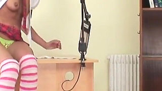 Young College Student Amanda Vamp Bates with a Big Black Dildo in the Classroom