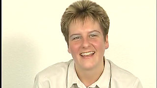 Blonde mature at casting getting cum on tits after masturbation and blowjob