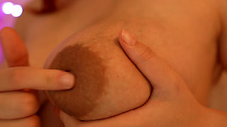Close up big Latin tits and dildo fucking with pussy toy then orgasm