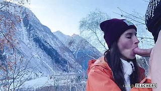 Russian teen gives amazing POV blowjob on mountain with cum in mouth