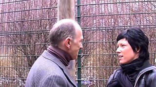 German grandpa flirts with housewife on the street