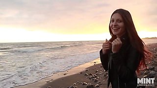 Public beach undress and ass-plug tease